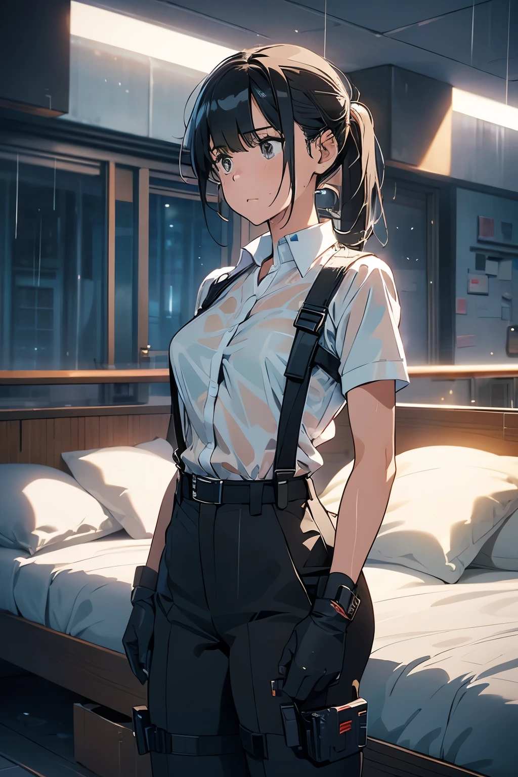 1 female, , high quality, masterpiece, Ultra-high resolution, , Cinema Lighting, , , And the suspenders with the cranes flying　　　Large Breasts　 　 　　　　Small face　 　　　holster　　　　　　　 Lying in bed　Looking up　　　　Sweat 　　　belt　summer　脇Sweat 　Black Hole Gloves　suit　shirt　　Black jacket　 Black trousers　Leg Links　ズボンにbelt　　holster　 　　Hands behind your back　 Anxious expression　Looking up　Anxious face, legs apart　Armament　Handgun　handcuffs　Cable ties　レッグholster　holster　See-through clothing　heavy rain　Getting wet in the rain