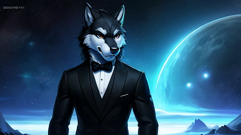 ((anthropomorphic black completely blacked out male wolf )) with He has all black eyes
 , big chest, day, sexy, sensual, detailed, uploaded to e621, beautiful and detailed portrait of an anthropomorphic black wolf  wearing a suit looking to the side of the screen looking towards the right side of the screen with He has all black eyes
 ((male ))) kenket, Ross Tran, ruan jia, uploaded to e621, zaush, foxovh, movie lighting,, , (( with stars and a space background looking off towards the distance at some entity that is in the background with an angry expression)) , wearing a suit , anthropomorphic