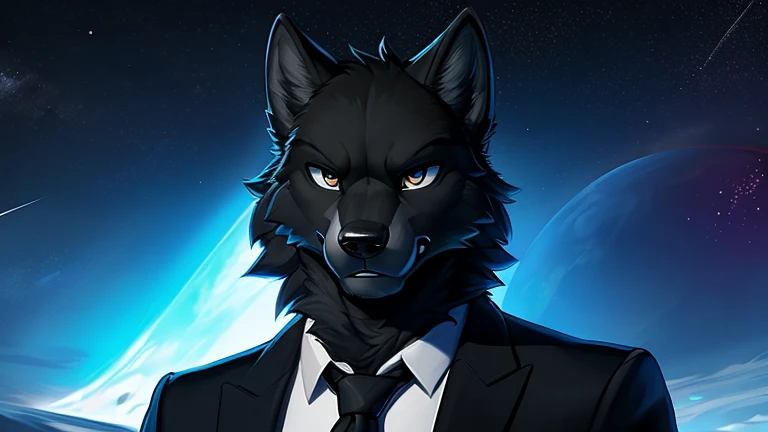 ((anthropomorphic black completely blacked out male wolf )) with He has all black eyes
 , big chest, day, sexy, sensual, detailed, uploaded to e621, beautiful and detailed portrait of an anthropomorphic black wolf  wearing a suit looking to the side of the screen looking towards the right side of the screen with He has all black eyes
 ((male ))) kenket, Ross Tran, ruan jia, uploaded to e621, zaush, foxovh, movie lighting,, , (( with stars and a space background looking off towards the distance at some entity that is in the background with an angry expression)) , wearing a suit , anthropomorphic