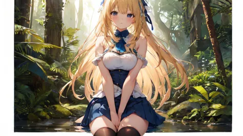 super high quality, super detailed, ultra-clear, forest, one person, long blonde hair, sleep, swimsuit, beautiful color clothes,...