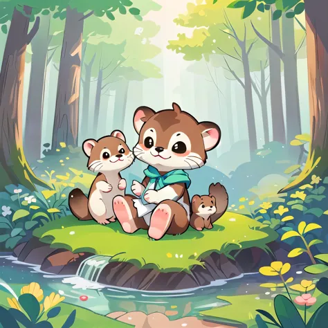 Cartoon drawing of an otter sitting in the woods, Adorable digital painting, Cute and detailed digital art, Cute woodland creatu...