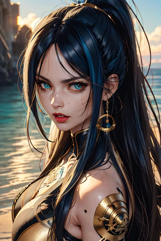 (full-length portrait),(pirate costume),a close up of a woman with a very long hair,(high ponytail), (blue color hair) ,near the ocean, detailed digital anime art, photorealistic anime girl render, extremely detailed artgerm, ig model artgerm, realistic anime 3 d style, realistic anime artstyle, artgerm. high detail, anime style 4 k, nico robin