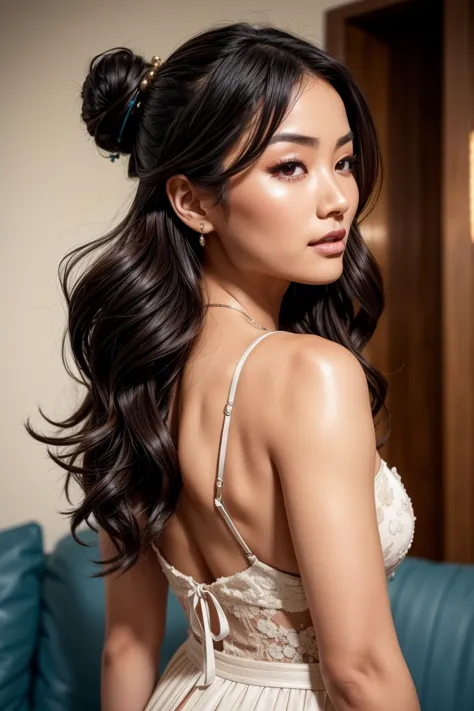 from below, A beautiful Asian woman, 23 years, bun and wavy hair, she is a men&#39;s magazine model, He has a subtle smile and f...