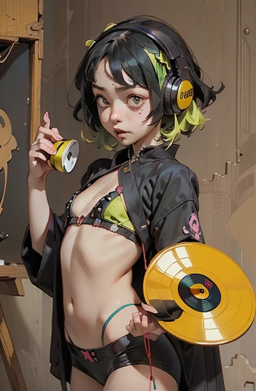 ((18-year-old punk girl)),((Green and yellow British punk fashion:1.5)),(light black hair:1.5、Messy permed hair)Studded clothing、((Holding a record:1.5))、((He has a big speaker on his back))、（Narrow and small eyes）,Wacky makeup、Breast augmentation, (masterpiece), (High resolution), (Very delicate), nightmare, Doll-like face, Manga style, Horror elements, Comic style illustration, Japanese painting, phantom, (Spooky), Japan sculpture, crazy illustration, antique, Dark atmosphere, Flat Illustration,Spookyな外観, Unique atmosphere、music、live house、Headphones
