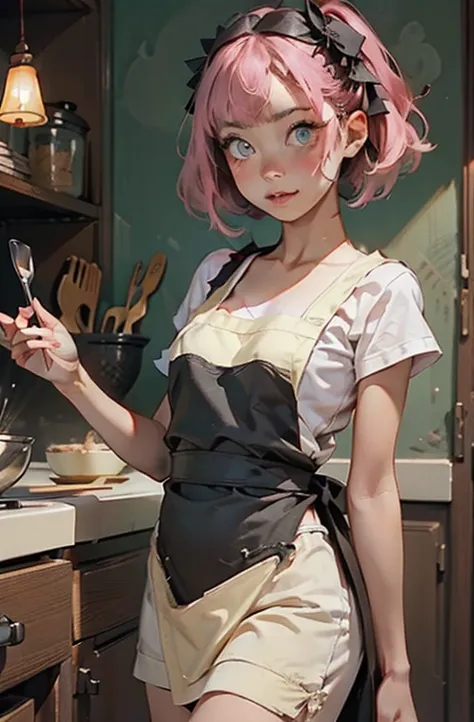 best image quality、raw photos、ultra-high resolution、japan、cooking apron、white t-shirt under a black apron、big round breasts、a sh...