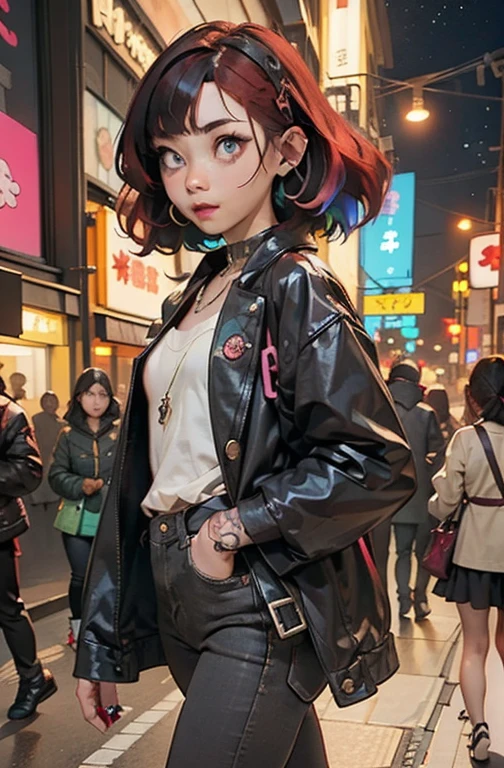 punk girl、Tosaka、Without mohawk sleeves、Tattoo、Headphones、🎧、Goth_punk, One Girl, solo, Medium Shot, Walking around Harajuku, ((at night)), Bokeh Depth of Field, Neon Light, Rainbow Eyes, Starry Sky, red glowing hair, Black eyebrows, Radiant hair, (iridescent red hair), 耳Nipple Ring, Bans, gem, mask, 鈍い前hair, Veld&#39;s Eye, 口mask, Blurred背景, Blurred, hair adornments, Look at the viewers, shorth hair, Portraiture, Side Lock、Goth、(Tabletop), (Portraiture), (beautiful), (beautiful), (Upper blood), (high quality), (beautiful衣服), (Professional Perspective), (Rule of thirds), (feminine), (woman), (woman), (beautiful),(feminine features), (Age 25), alone, woman1名, (Charming punk girl), Winters, Dramatic Light, ((I&#39;m playing the guitar)), (Are standing), anddgy makeup, (Small breasts), ((Electric guitar)), (front), (Resistance的な表情), ((Resistance)), (レザージャケットとTattoo), ((Short hair)), (dyed (and.G. and pink) hair), (spiky hair), (Thick hair), Matte shine hair, (Hair bands scattered in the hair), (Green eyes), (A bold and daring look), (Pale skin), (Dark clothing), (Band T-Shirts), (Ripped jeans), (-), Crew neck), ((Urban alley background)), (Close-up shot), beautiful hands, both hands, Normal hand, Two Arms, Complete Hand, beautiful body, beautiful fingers, Normal finger, Five Fingers, Five Fingers, (Thumb Index Finger Ring Finger), beautiful ears, Normal ear, beautiful eyes, Shining Eyes, beautiful mouth, beautiful lips,
