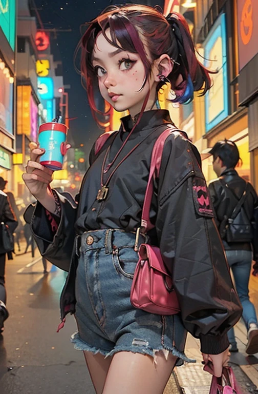 Punk Girl、Tosaka、Without mohawk sleeves、Tattoo、Headphones、🎧、goth_punk, One girl, 独奏, Medium Shot, Walking around Harajuku, ((at night)), Bokeh Depth of Field, Neon Light, Rainbow Eyes, Starry Sky, red glowing hair, Black eyebrows, Radiant hair, (iridescent red hair), 耳Nipple Ring, Bans, gem, mask, Blunt front hair, Field&#39;s Eye, Mouth mask, Blurred background, Blurred, hair adornments, Look at the viewers, shorth hair, Portraiture, Side Lock、goth、(Tabletop), (Portraiture), (beautiful), (beautiful), (Upper blood), (high quality), (beautiful clothes), (Professional Perspective), (Rule of thirds), (feminine), (woman), (woman), (beautiful),(feminine features), (Age 25), alone, woman1, (Charming Punk Girl), Winters, Dramatic Light, ((I&#39;m playing the guitar)), (Are standing), anddgy makeup, (Small breasts), ((Electric guitar)), (front), (Resistance-like expression), ((Resistance)), (Leather jacket and tattoo), ((Short hair)), (dyed (and.g. and pink) hair), (spiky hair), (Thick hair), Matte shine hair, (Hair bands scattered in the hair), (green eyes), (A bold and daring look), (Pale skin), (Dark clothing), (Band T-shirts), (Ripped jeans), (-), Crew neck), ((Urban alley background)), (Close-up shot), beautiful hands, both hands, normal hand, Two Arms, Complete Hand, beautiful body, beautiful fingers, normal finger, Five Fingers, Five Fingers, (Thumb Index Finger Ring Finger), beautiful ears, Normal ear, beautiful eyes, Shining Eyes, beautiful mouth, beautiful lips,
