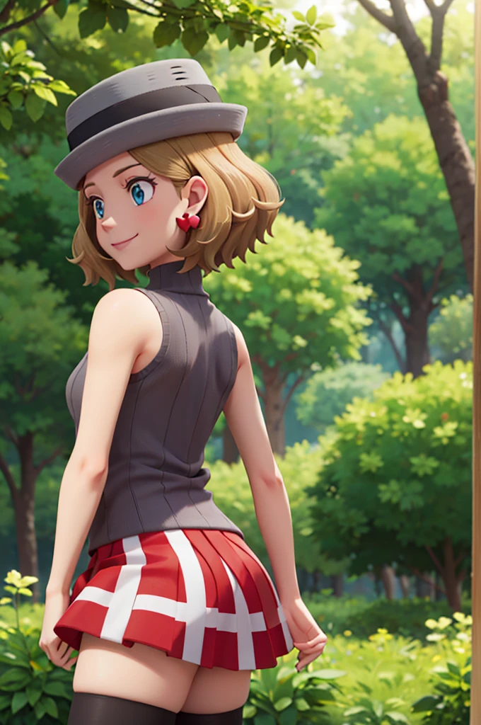 Masterpiece, perfect lighting, (beautiful, Best quality: 1.3), Perfect eyes, perfect anatomy, absurd, 8k, ccserena, solo, short hair, smile, in loved, (gray hats: 1.2), earrings, eyelashes, blue eyes, gray sweater, vest , sleeveless turtleneck, bare arms, plaid skirt, red skirt, thigh highs, black stockings, from behind, in the forest at sunset