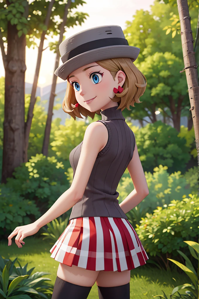 Masterpiece, perfect lighting, (beautiful, Best quality: 1.3), Perfect eyes, perfect anatomy, absurd, 8k, ccserena, solo, short hair, smile, in loved, (gray hats: 1.2), earrings, eyelashes, blue eyes, gray sweater, vest , sleeveless turtleneck, bare arms, plaid skirt, red skirt, thigh highs, black stockings, from behind, in the forest at sunset