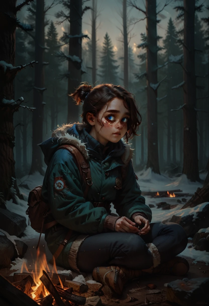 A girl with shoulder-length wavy brown hair, a short ponytail on the back of her head, and blue eyes, the girl has freckles. This girl is sitting by a campfire in a dark, frightening winter forest. The girl wears warm winter clothes and equipment.