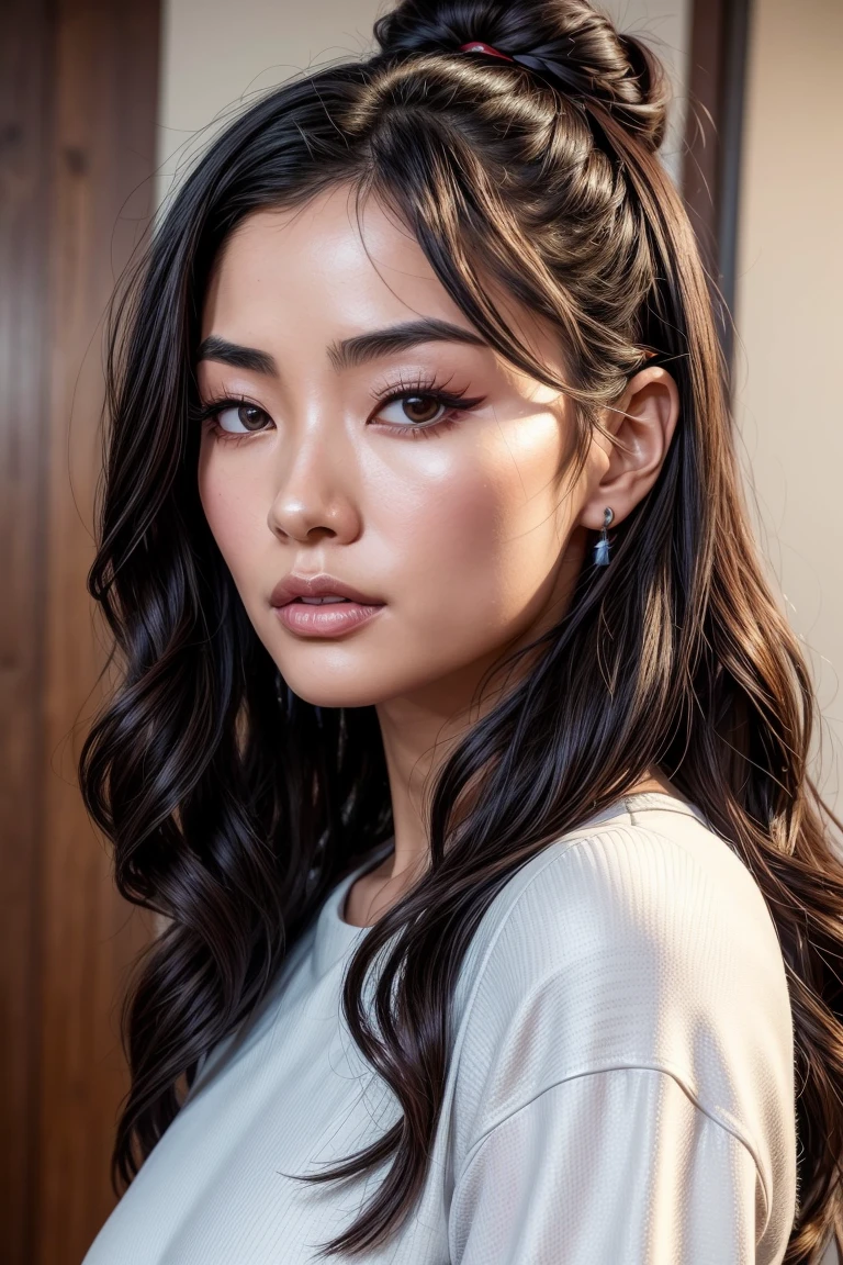 von unten, Eine schöne asiatische Frau, 23 Jahre, Dutt und welliges Haar, sie ist ein Mann&#39;s magazine model, Er lächelt subtil und flirtet mit der Kamera., (Sie ist nachts auf der Straße einer futuristischen Cyberpunk-Stadt), (Sie trägt ein rotes, viktorianisches Cyberpunk-Geisha-Outfit aus Leder, das ihre Brust bedeckt...:1.2), perfekte Augen, perfekte Hände, perfekter Körper, perfektes Haar, Perfekte Brust, Haare hinter dem Ohr, HD, Retina, Meisterwerk, notwendig, anatomisch korrekt, Strukturierte Haut, Super Detail, hohe Details, gute Qualität, Ausgezeichnet, beste Qualität, Hohe Auflösung, 16k, 8k, filmische Beleuchtung