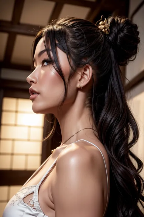 from below, A beautiful Asian woman, 23 years, bun and wavy hair, she is a men&#39;s magazine model, He has a subtle smile and f...