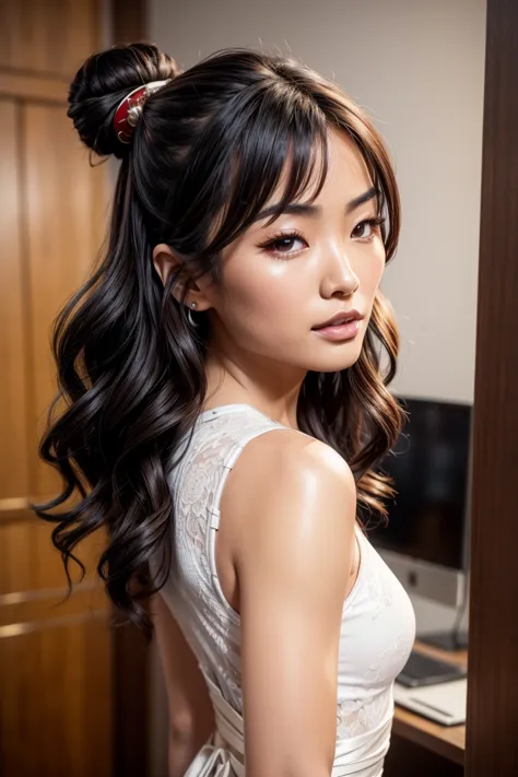 from below, A beautiful Asian woman, 23 years, bun and wavy hair, she is a men&#39;s magazine model, He has a subtle smile and f...