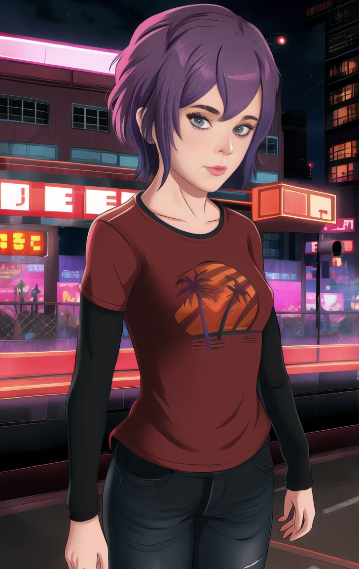 red shirt, long sleeves, standing, neon lights, night, looking at viewer, blue jeans, solo, bernadetta, purple hair, grey eyes, elliet1