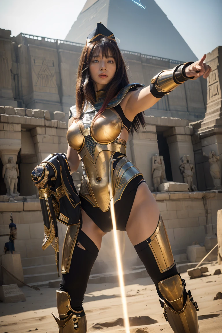 ((Highest quality、8k、masterpiece:1.3))、Realistic, Sharp focus, High resolution, High resolution, Portraiture, One person, woman, beautiful woman, (((Action pose)))、Ancient Egypt、Cyber Battlesuit、Complex technology, pyramid、Ancient Egypt都市、Light and shadow、Laser light、Copper-colored hair