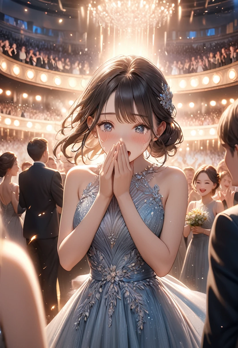 A beautiful female actress standing up, covering her mouth with both hands, looking around in awe, overwhelmed with joy and gratitude, tears of emotion, erupting applause and cheers, an atmosphere of celebration, a beautifully detailed evening dress, award ceremony setting, the moment of receiving the award, photorealistic, 8k, high quality, detailed, masterpiece, beautiful detailed face