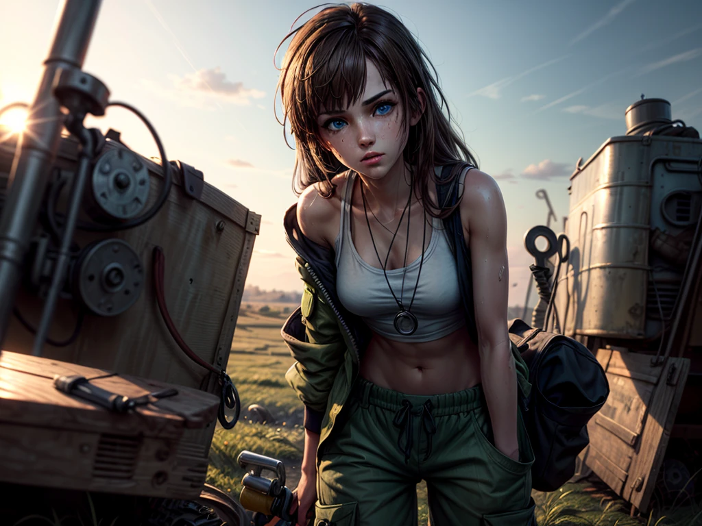 masterpiece, highest quality, (solo focus), (perfect face:1.1), (high detail:1.1), 1girl, repairing machine, brown hair, ((long hair)), blue eyes, white tank top, ((baggy green pants)), jacket around waist, ((wrench)), holding wrench, crouching, crouching on tank, army tank, ((grease stains)), sweaty, glistening skin, detailed background, field of tall grass, sun, lens flare, cinematic lighting
