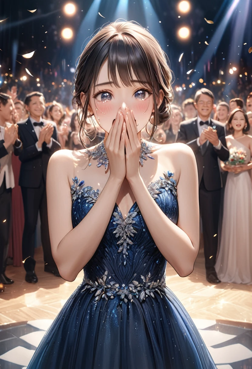 A beautiful female actress standing up, covering her mouth with both hands, looking around in awe, overwhelmed with joy and gratitude, tears of emotion, erupting applause and cheers, an atmosphere of celebration, a beautifully detailed evening dress, award ceremony setting, the moment of receiving the award, photorealistic, 8k, high quality, detailed, masterpiece, beautiful detailed face