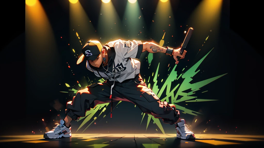 urban rapper outfit, stands in front of a bright graffiti wall. He holds a microphone and raps dark, poetic lyrics. Around him, street dancers perform energetic breakdancing moves. The stage is illuminated by colorful spotlights and strobes, adding a raw, dynamic energy to the ambiance. Graffiti depicting demons and battle scenes cover the walls, reflecting its tumultuous past."