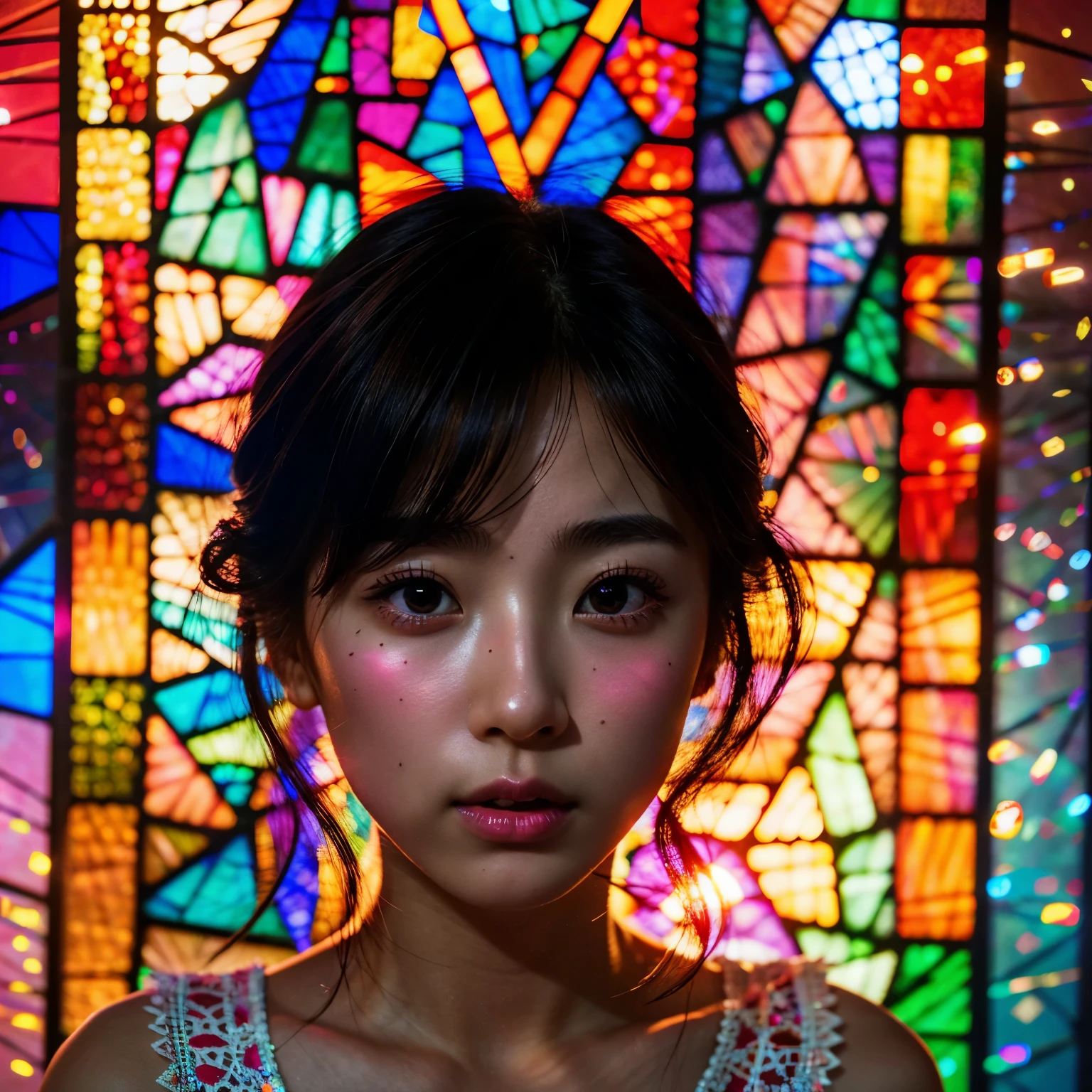 SFW, concept art, Tiny junior idol, (Detailed Delicate lace knitted white clothes), (nipple:-0.9), face closeup, (Elaborate stained glass Background:1.37), (((Renbutsu Misako), colorful Light shines through delicate stained glass:1.2, vivid red colors, Luminous Particles, light Particles))(Acutance:0.8). (ProfessionalPhoto:1.2),(ultra-detailed:1.37), (Extremely detailed KAWAII face variations, innocent expression variations), rosy cheeks, intricate detailed eyes with sparkling highlights, long eyelashes with volume, subtle blush on the face. Mystic sight, haze, Impeccable Radiant PearlSkin with Transparency, captivating gaze, ((Dynamic-angle)), whole Body proportions and all limbs are anatomically accurate . (Exposed:0.44)