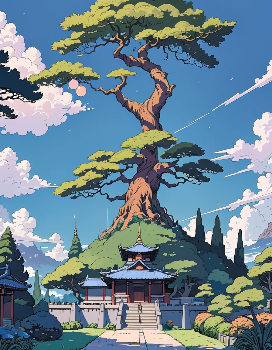 ((anime:1.4,illustration)),(masterpiece, top quality, best quality),(ultra-detailed, absolutely resolution),((16k, high res)). BREAK {lofi art, style of Laurie Greasley, style of Makoto Shinkai, anime aesthetic}, BREAK {big garden, in middle a hindu temple, tree on its left and right, blue cloudy sky}