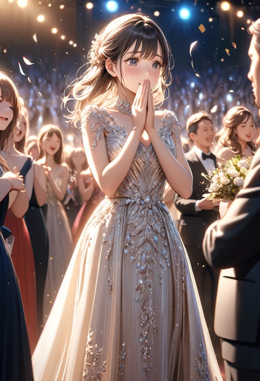 A beautiful female actress standing up, covering her mouth with both hands, looking around in awe, overwhelmed with joy and gratitude, tears of emotion:1.2, erupting applause and cheers, an atmosphere of celebration, a beautifully detailed evening dress, award ceremony setting, the moment of receiving the award, photorealistic, 8k, high quality, detailed, masterpiece, beautiful detailed face