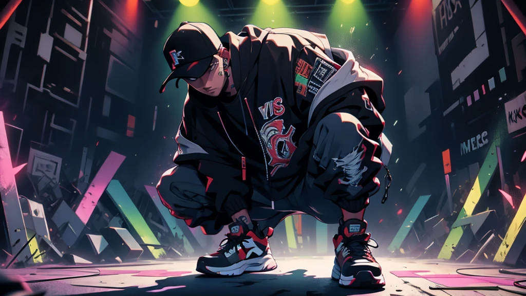 urban rapper outfit, stands in front of a bright graffiti wall. He holds a microphone and raps dark, poetic lyrics. Around him, street dancers perform energetic breakdancing moves. The stage is illuminated by colorful spotlights and strobes, adding a raw, dynamic energy to the ambiance. Graffiti depicting demons and battle scenes cover the walls, reflecting its tumultuous past."