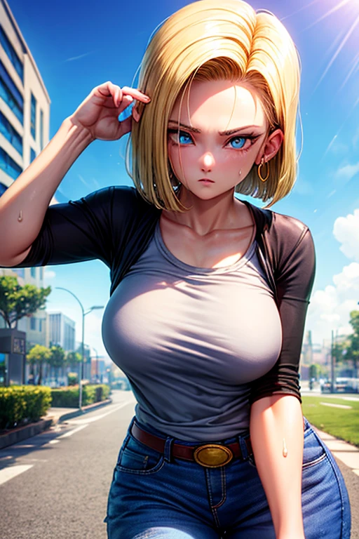 masterpiece, Highest quality,  Unreal Engine,  Super Resolution,  Very detailed, 

Beautiful woman, Android 18, Android 18, blonde, blue eyes, eyelash, hoop Earrings, short hair, Earrings, Vivid expression, Healthy Body, Beautifully detailed sweat glands, Smooth skin texture, Carefully drawn, 

(humidity:1.2), Beautiful Eyes, (Attractive face:1.2), (Beautiful Skin), (Big Breasts), Puffy nipples, (Sticky with sweat), In a dynamic pose,

In the world of Dragon Ball, Outdoor, In the city of the future, 