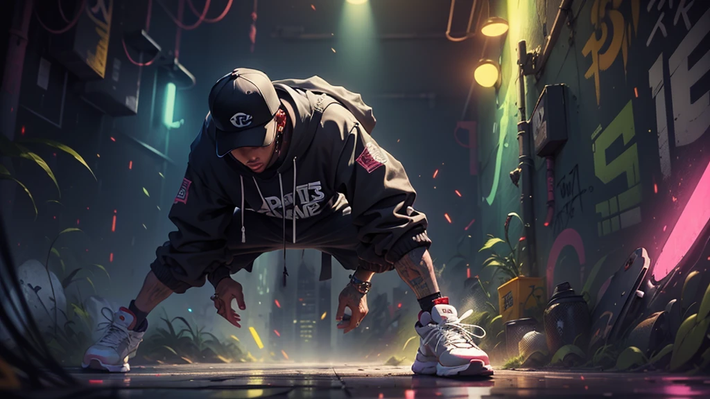 urban rapper outfit, stands in front of a bright graffiti wall. He holds a microphone and raps dark, poetic lyrics. Around him, street dancers perform energetic breakdancing moves. The stage is illuminated by colorful spotlights and strobes, adding a raw, dynamic energy to the ambiance. Graffiti depicting demons and battle scenes cover the walls, reflecting its tumultuous past."