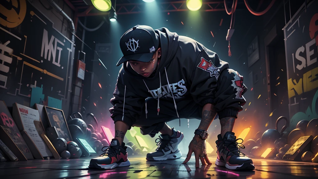 urban rapper outfit, stands in front of a bright graffiti wall. He holds a microphone and raps dark, poetic lyrics. Around him, street dancers perform energetic breakdancing moves. The stage is illuminated by colorful spotlights and strobes, adding a raw, dynamic energy to the ambiance. Graffiti depicting demons and battle scenes cover the walls, reflecting its tumultuous past."