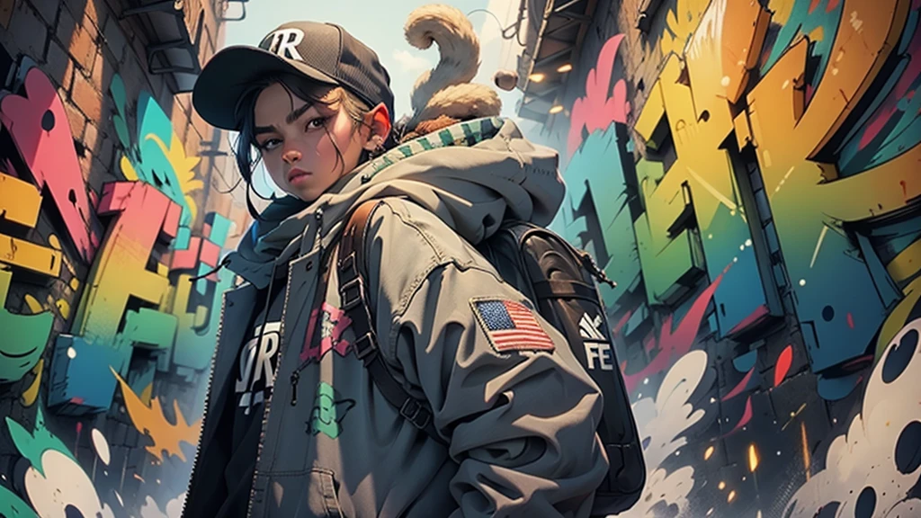 urban rapper outfit, stands in front of a bright graffiti wall.