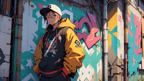 urban rapper outfit, stands in front of a bright graffiti wall.