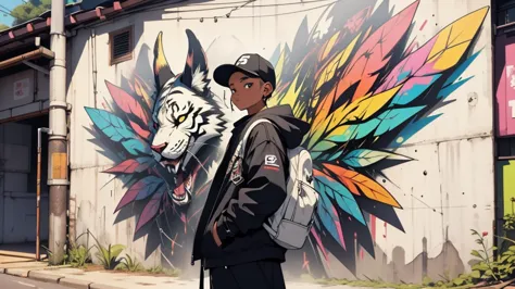 urban rapper outfit, stands in front of a bright graffiti wall.