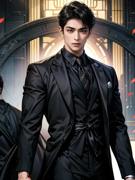 Japanese a young handsome man with dark hair wearing a black business suit,