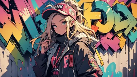 urban girl rapper hiphop outfit, stands in front of an epic bright graffiti wall.