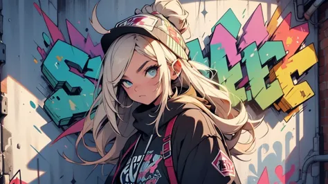 urban girl rapper hiphop outfit, stands in front of an epic bright graffiti wall.