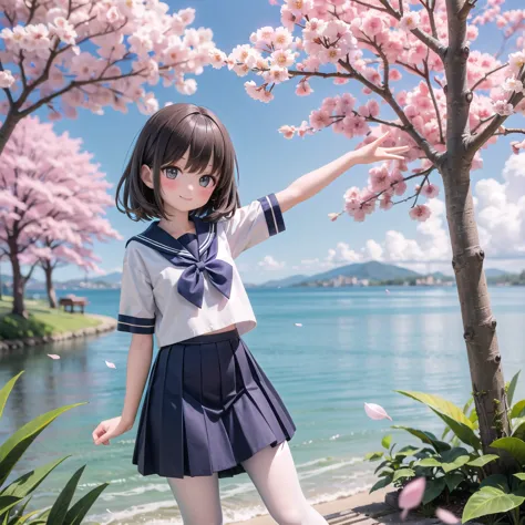 (masterpiece),  outdoor,  cherry blossoms,  petal,  sunlight,  lake,  one girl,  blush,  smile,  medium hair,  sailor suit,long ...