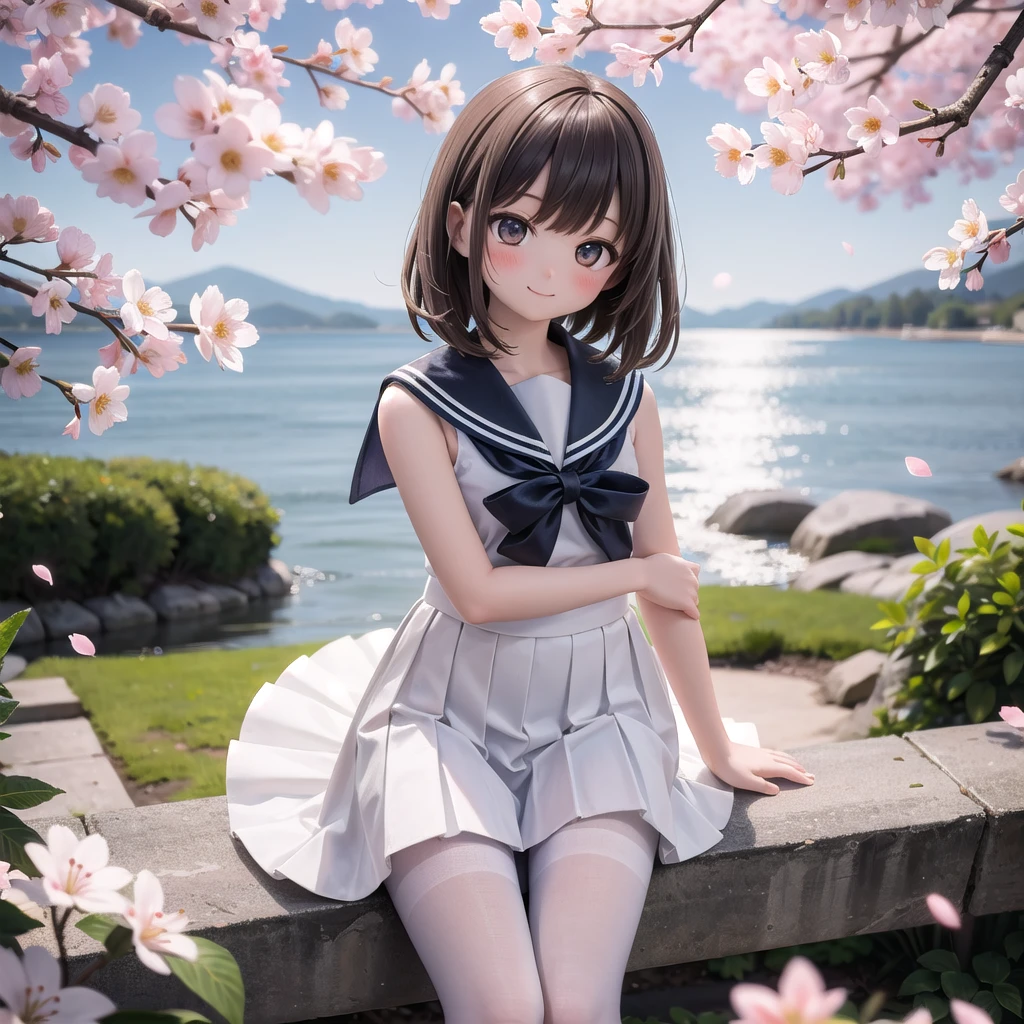 (masterpiece),  Outdoor,  cherry blossoms,  petal,  sunlight,  lake,  One Girl,  blush,  smile,  Medium Hair,  Sailor suit,Long skirt, Overgrown, petal, plant、Skirt lining、White slip、nostalgic、pantyhose（gray）、You can see the sea in the distance, Crotch close-up