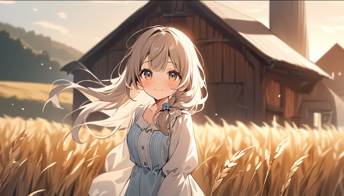 One girl, 20-year-old, Tall and attractive, Wearing a cute country dress, Braided hair, Standing on a rural farm. She's gentle, A kind smile and expressive eyes. A charming barn can be seen in the background., Golden wheat fields and clear blue skies. The composition should be bathed in warm golden hour light., The soft depth of field and soft bokeh accentuate the idyllic tranquility.. Capture images that look like they were shot on vintage 35mm film for added impact, movie,