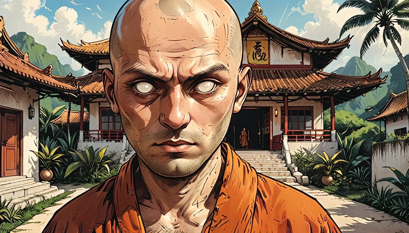 fisheye, macro close-up portrait of blind Buddhist monk, round face, white eyes, no eyebrows, no hair, bald, paw-eared, round cheeks, narrow lips, man, white sclera eyes, Whitewash Eyes, Kashaya, white tropical hotel background, graphic style of novel comics, 2d, 8k, hyperrealism, masterpiece, high resolution, best quality, ultra-detailed, super realistic, Hyperrealistic art, high-quality, ultra high res, highest detailed, lot of details, Extremely high-resolution details, incredibly lifelike, colourful, soft cinematic light,