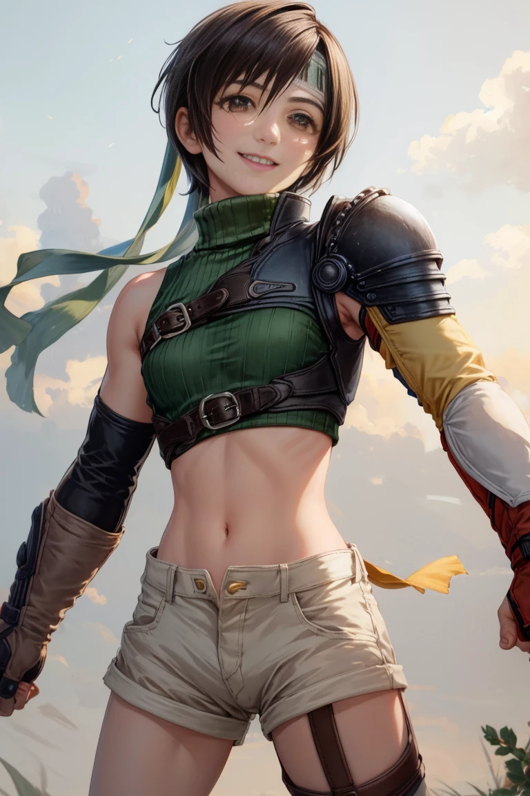 masterpiece, Highest quality, Yuffie Fool, head band, Sleeveless turtleneck, Shoulder Armor, Arm guard, Fingerless gloves, Tan shorts, Single knee socks, Fishnet tights, Cowboy Shot, smile, Clenched fist, 