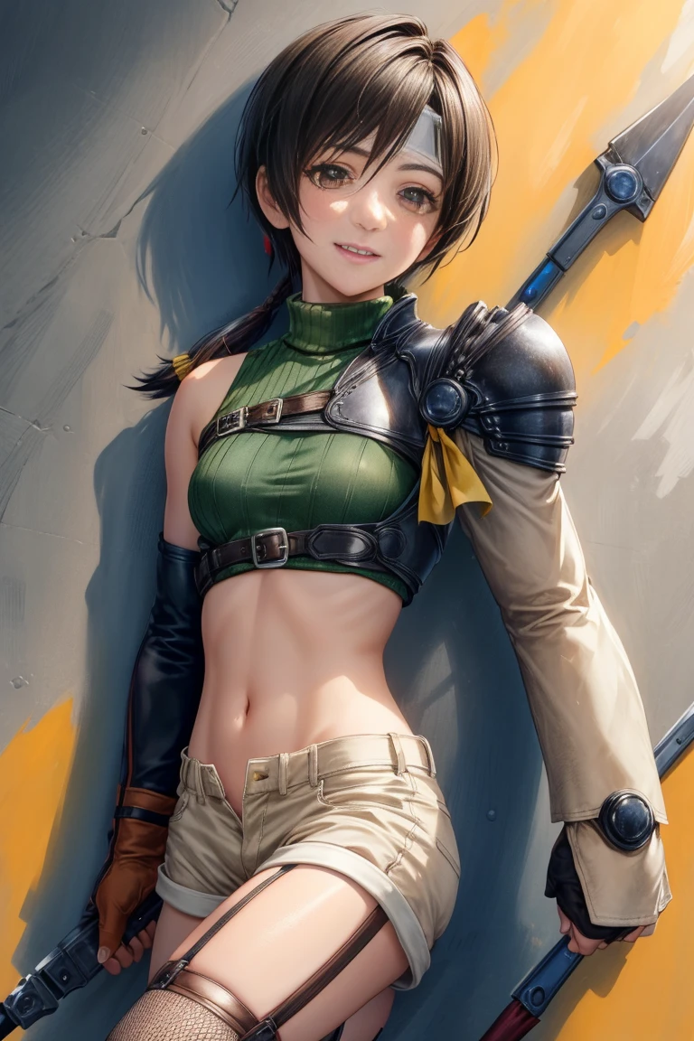 masterpiece, Highest quality, Yuffie Fool, head band, Sleeveless turtleneck, Shoulder Armor, Arm guard, Fingerless gloves, Tan shorts, Single knee socks, Fishnet tights, Cowboy Shot, smile, Clenched fist, 