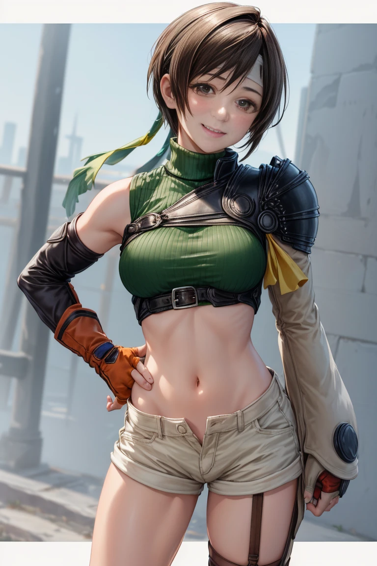 masterpiece, Highest quality, Yuffie Fool, head band, Sleeveless turtleneck, Shoulder Armor, Arm guard, Fingerless gloves, Tan shorts, Single knee socks, Fishnet tights, Cowboy Shot, smile, Clenched fist,（Huge breasts:1.9）、NSFW、