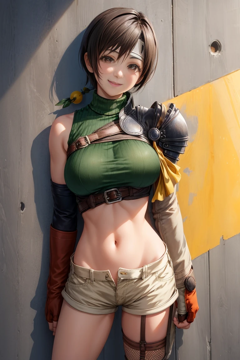 masterpiece, Highest quality, Yuffie Fool, head band, Sleeveless turtleneck, Shoulder Armor, Arm guard, Fingerless gloves, Tan shorts, Single knee socks, Fishnet tights, Cowboy Shot, smile, Clenched fist,（Huge breasts:1.9）、NSFW、