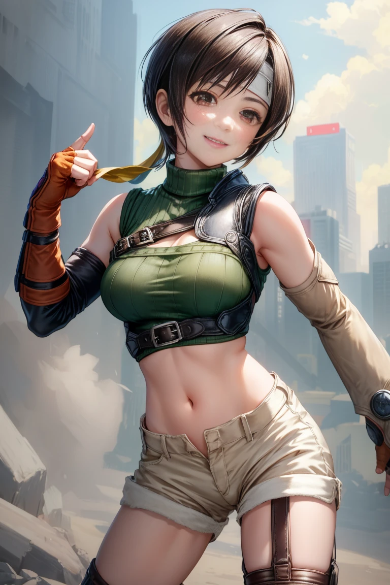 masterpiece, Highest quality, Yuffie Fool, head band, Sleeveless turtleneck, Shoulder Armor, Arm guard, Fingerless gloves, Tan shorts, Single knee socks, Fishnet tights, Cowboy Shot, smile, Clenched fist,（Huge breasts:1.5）、NSFW、