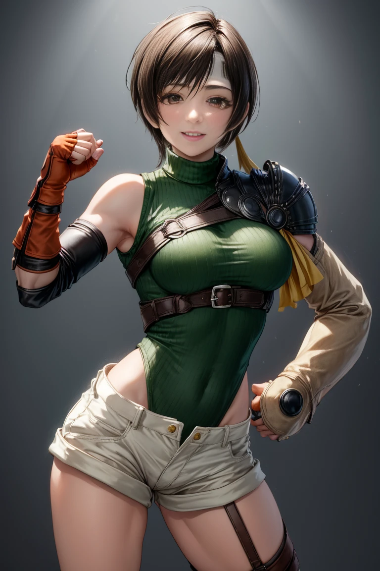 masterpiece, Highest quality, Yuffie Fool, head band, Sleeveless turtleneck, Shoulder Armor, Arm guard, Fingerless gloves, Tan shorts, Single knee socks, Fishnet tights, Cowboy Shot, smile, Clenched fist,（Huge breasts:1.5）、NSFW、