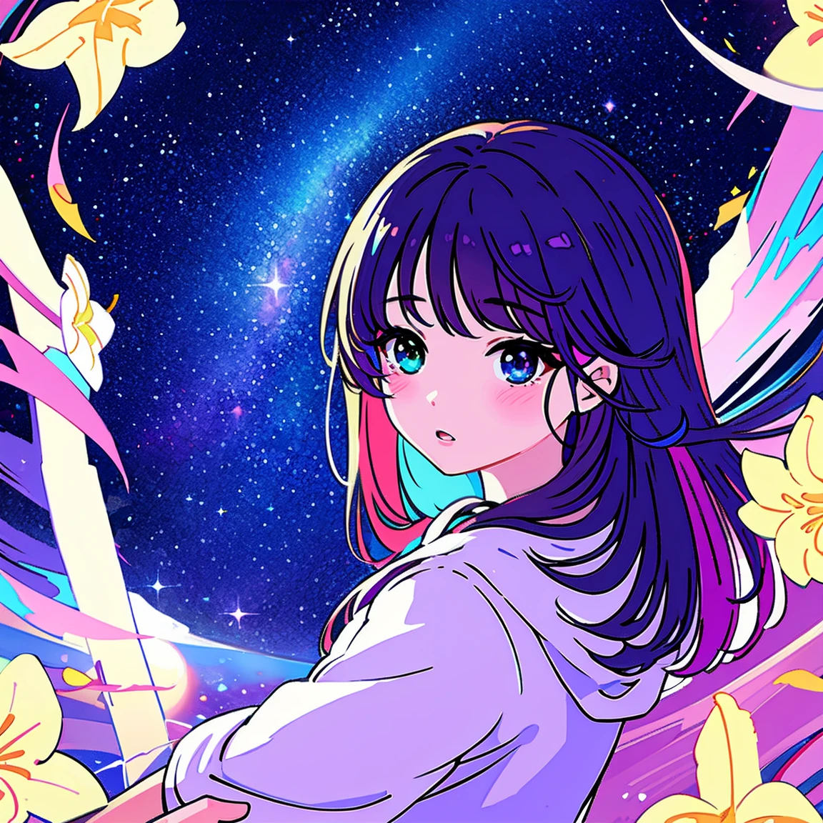 ​masterpiece, highest quality, divine qualities, Divine Art, very detailed face, hole body, Very surreal, adorable, Young girl, big eyes, longeyelashes, colorful hair, Heterochromia of the iris, shiny skin, fuller lips, fuller lips, blush, Nice prospects, in space, Starry sky background, actress, Blinding light, colorful lighting, wears a robe, dark, side view、(Dream Core)