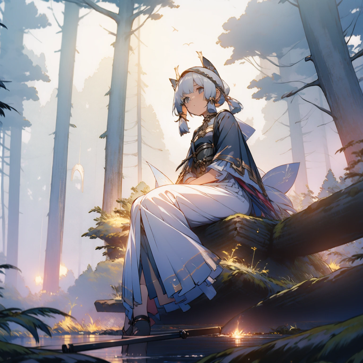 (masterpiece:1.2), girl, beautiful, Crescent Moon, evening, Cold look, Sitting on a cliff rock, Playing the monochord, Gives off a silvery aura, Platinum White Hair.