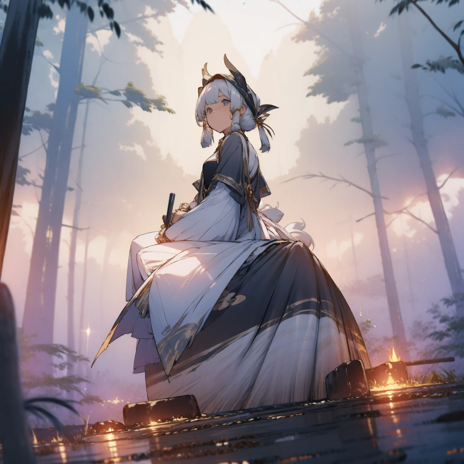 (masterpiece:1.2), girl, beautiful, Crescent Moon, evening, Cold look, Sitting on a cliff rock, Playing the monochord, Gives off a silvery aura, Platinum White Hair.