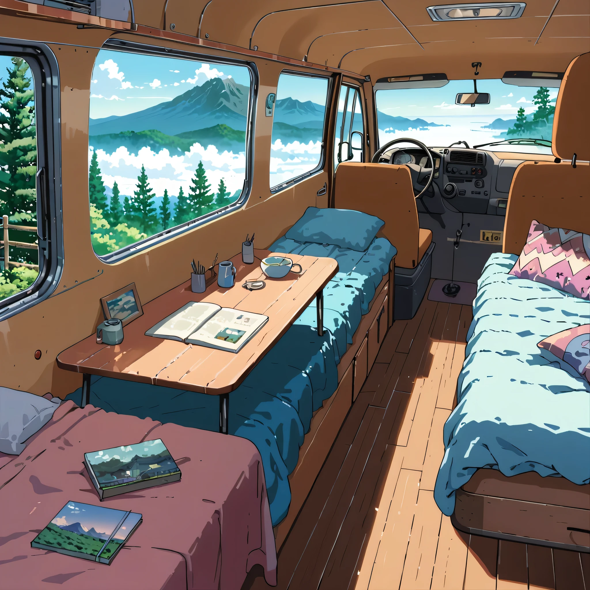 ((anime:1.4,illustration)),(masterpiece, top quality, best quality),(ultra-detailed, absolutely resolution),((16k, high res)). BREAK {lofi art, style of Laurie Greasley, style of Makoto Shinkai, anime aesthetic}, BREAK {ihside of a van, cabin must be cozy and beds, and table placed, aesthetic interior, students type interior, bright}